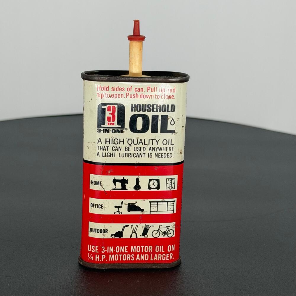 Vintage 3 In One Household Oil Tin Can Oiler Red And White Advertising 3 oz. USA